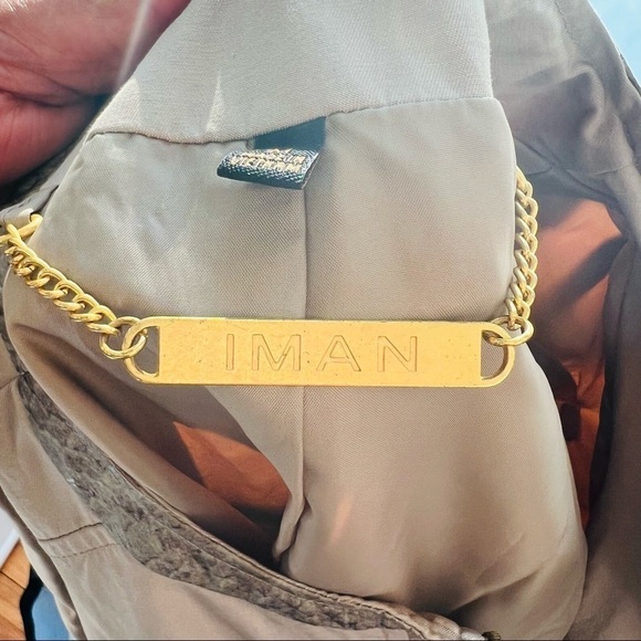 Iman brown safari front zipper dress  long sleeve M animal print trim - Picture 8 of 10